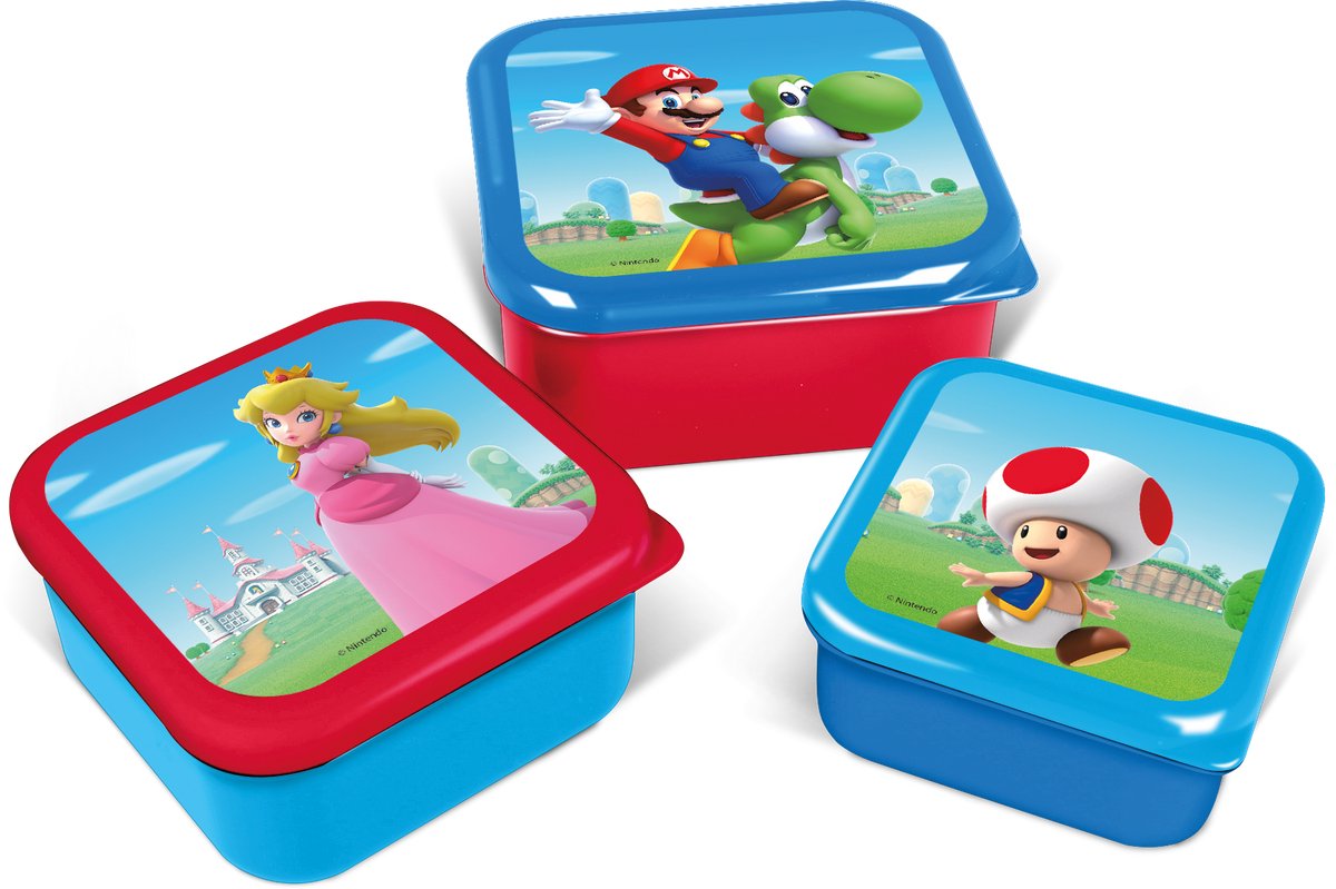 Stor Nintendo's Super Mario 3-in-1 snack boxes - 3 sizes - square - close tightly - lunch boxes for children - loose lid - suitable for cookies, fruit and snacks - blue red