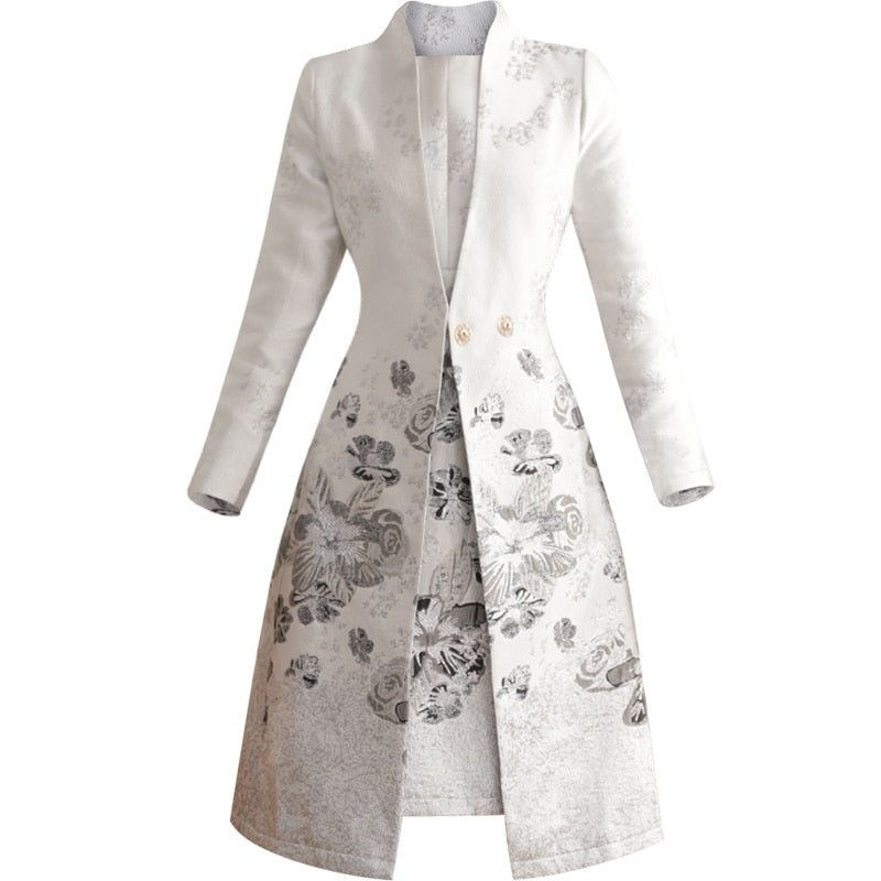 The silver jacquard mum dress and long coat suit
