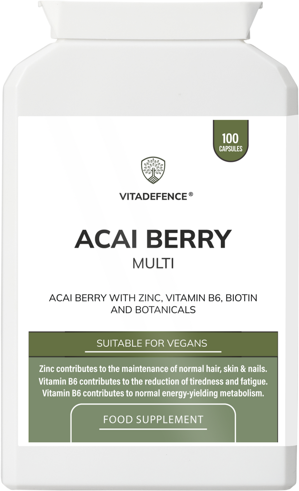Acai Berry Capsules | With Vitamin B6, Zinc & Biotin – 100 Vegan Capsules