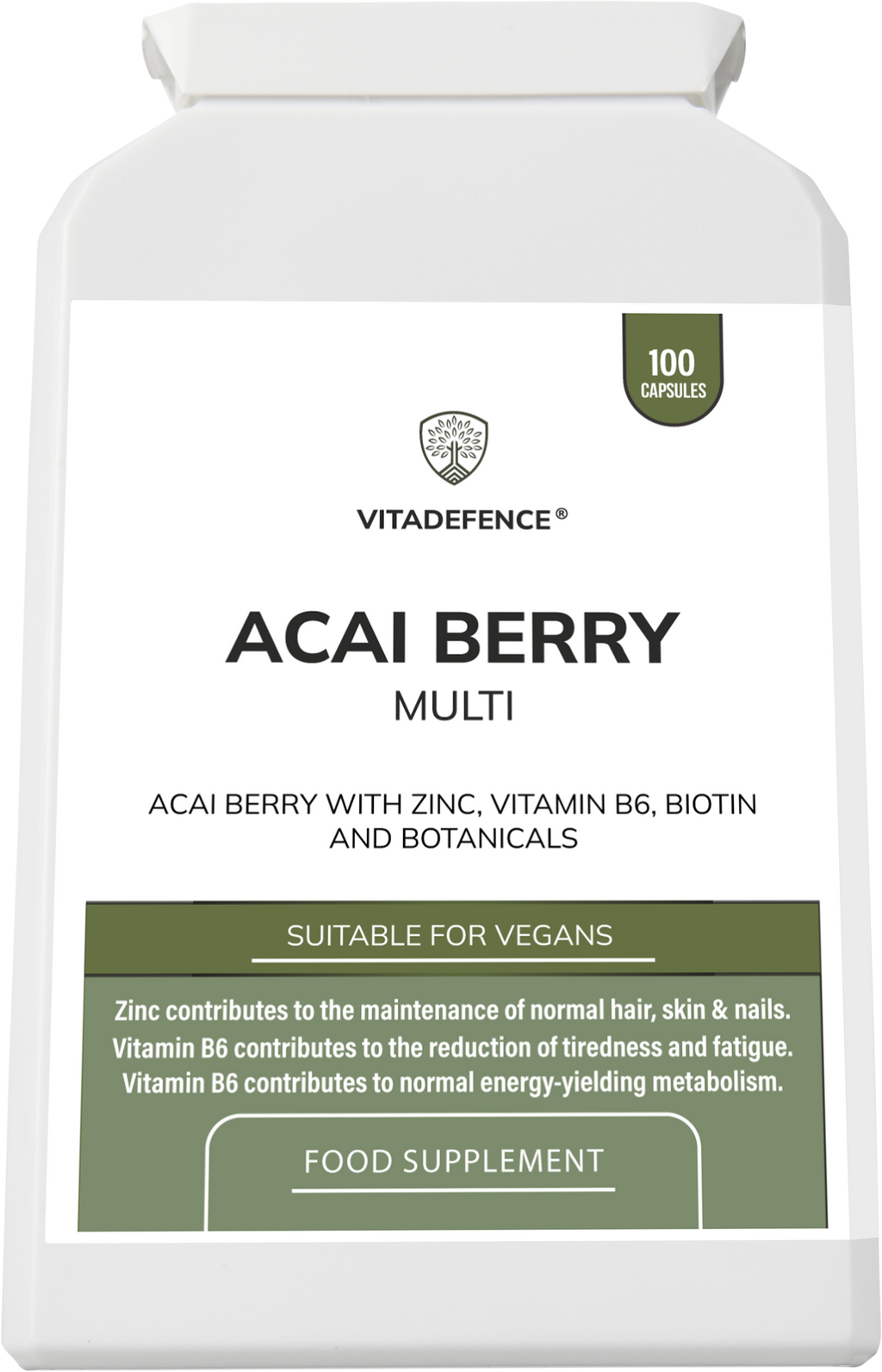 Acai Berry Capsules | With Vitamin B6, Zinc & Biotin – 100 Vegan Capsules