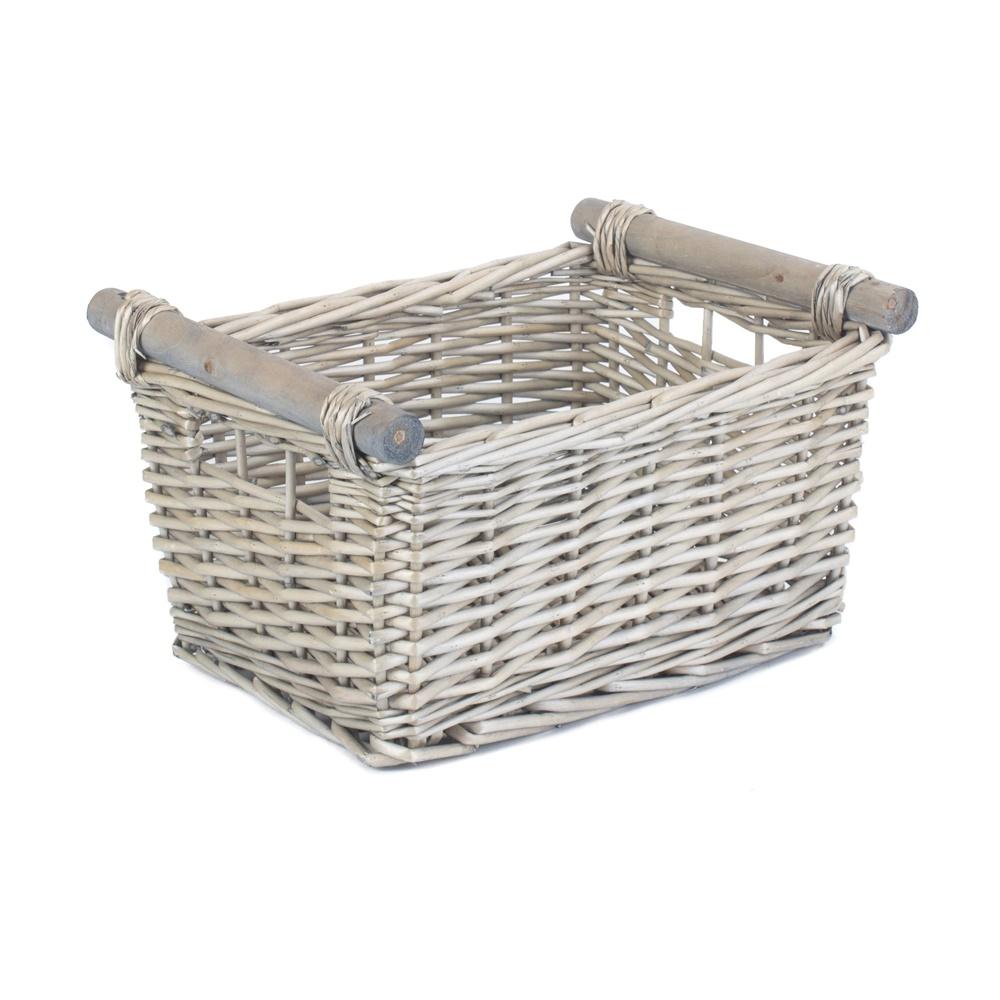 Grey Wash Wooden Handled Wicker Storage Basket