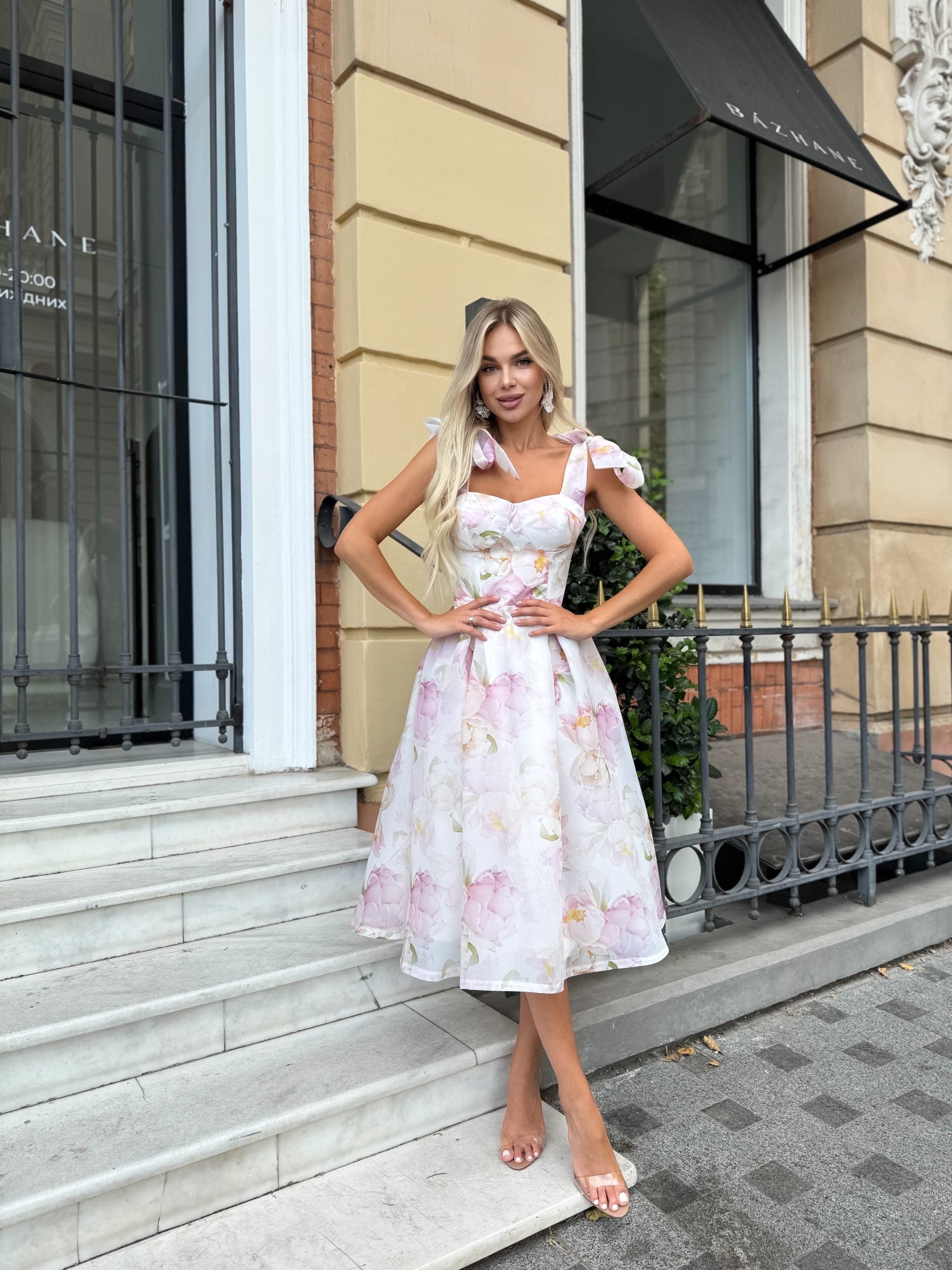 White floral corset midi dress with pastel peonies and pleated skirt - custom made wedding guest dress