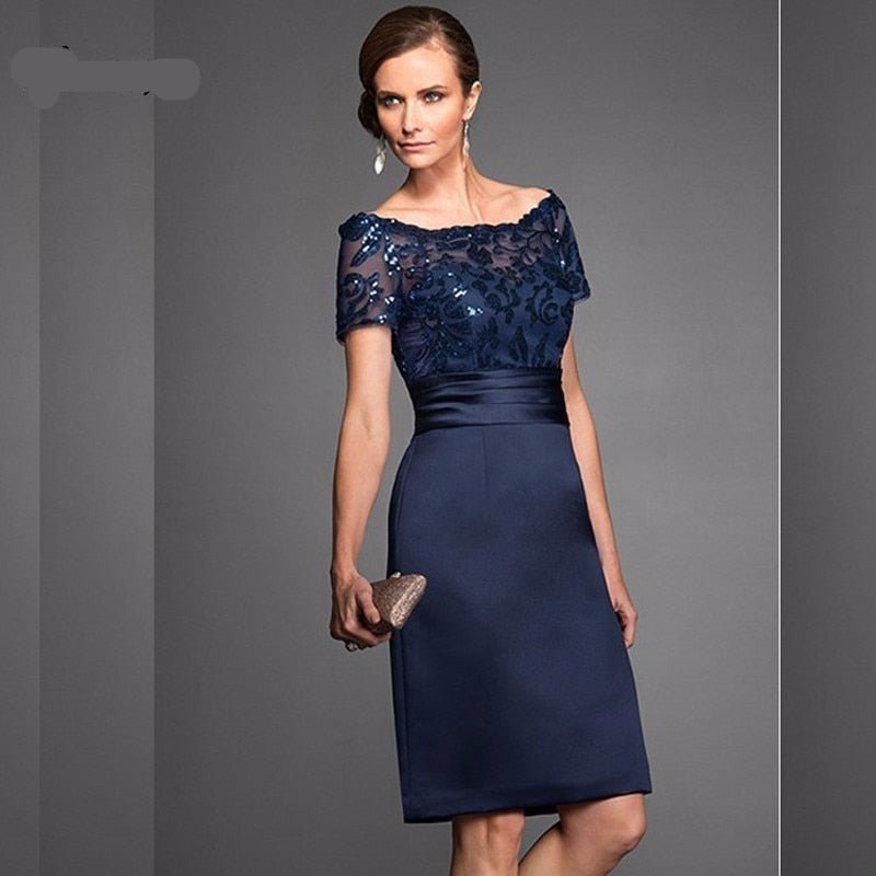 Navy blue lace appliqued knee length bridal dress