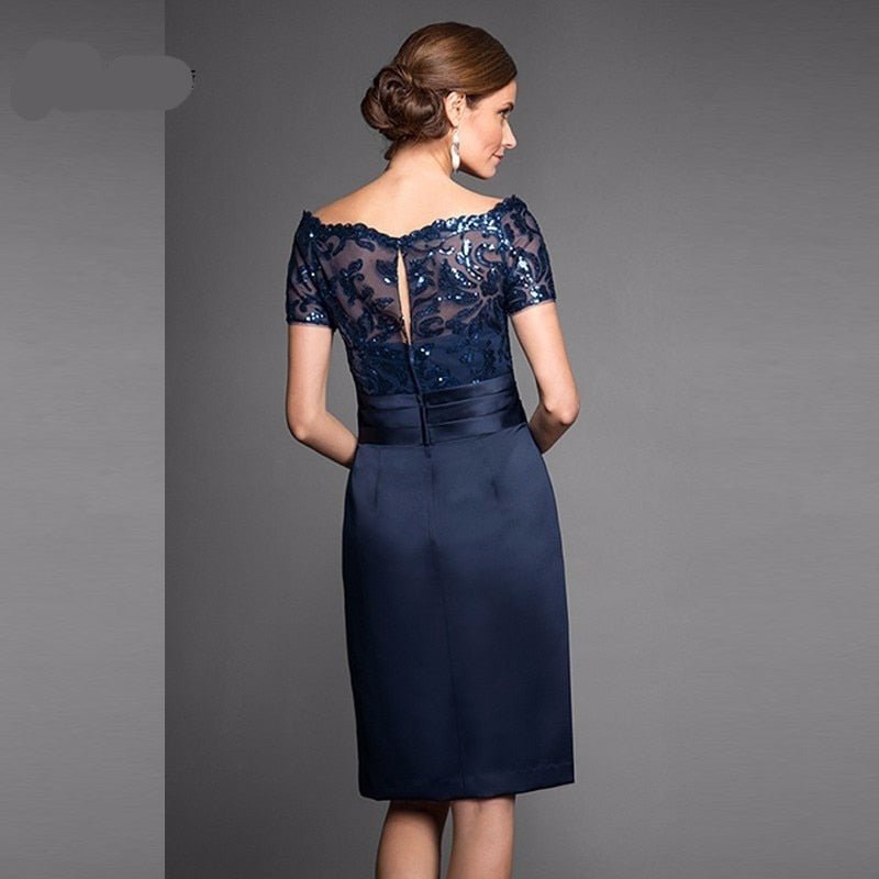 Navy blue lace appliqued knee length bridal dress