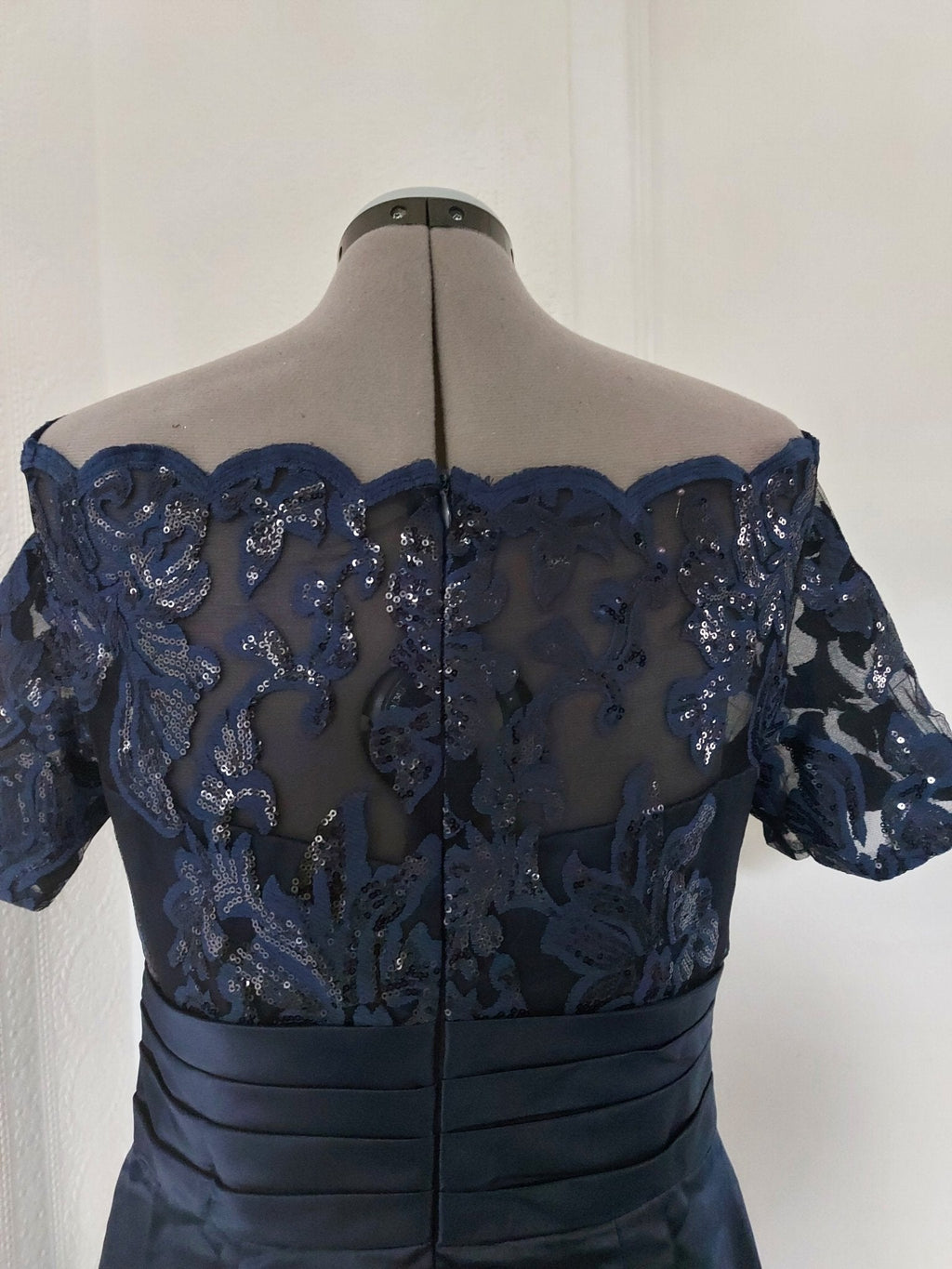 Navy blue lace appliqued knee length bridal dress
