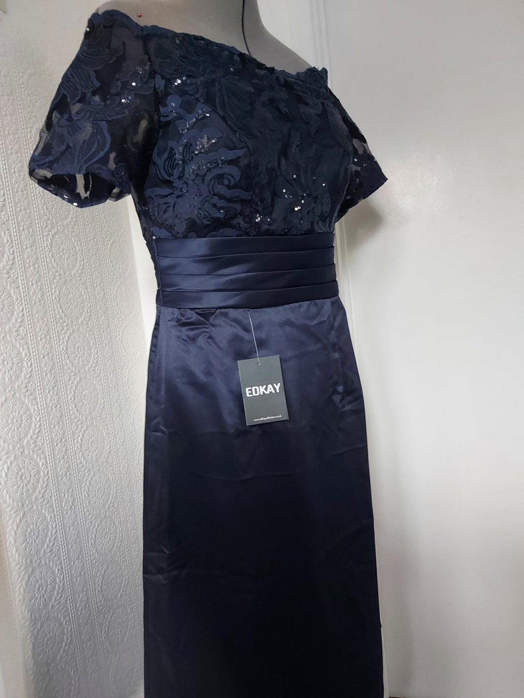 Navy blue lace appliqued knee length bridal dress