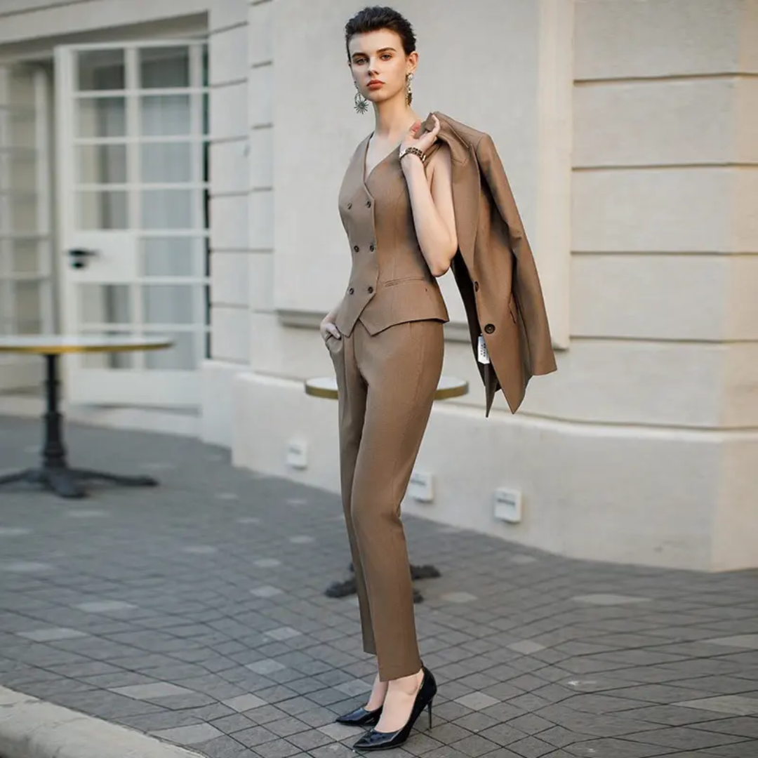 The coffee brown 3-piece midi pantsuit (UK size 12)