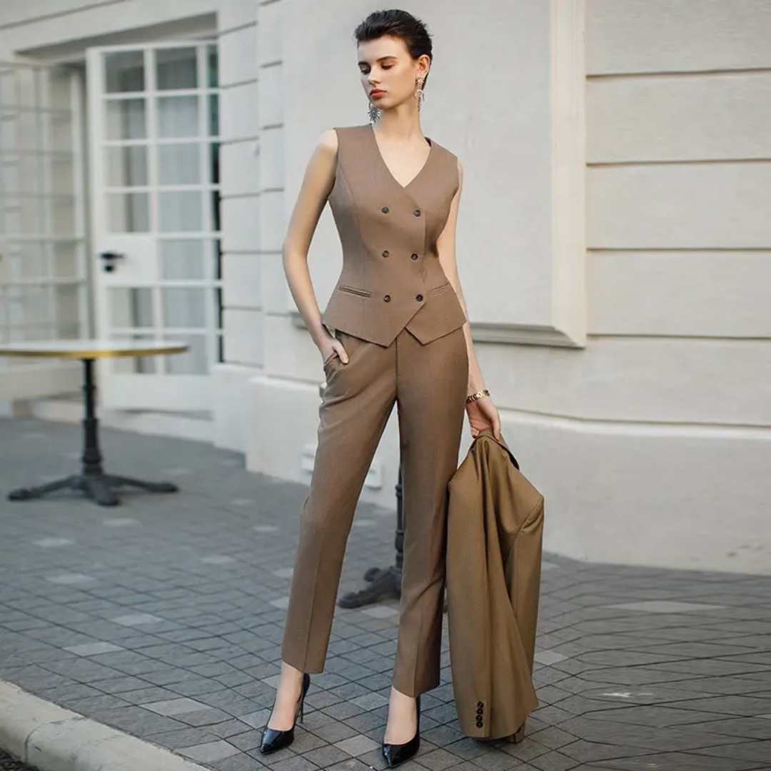 The coffee brown 3-piece midi pantsuit (UK size 12)