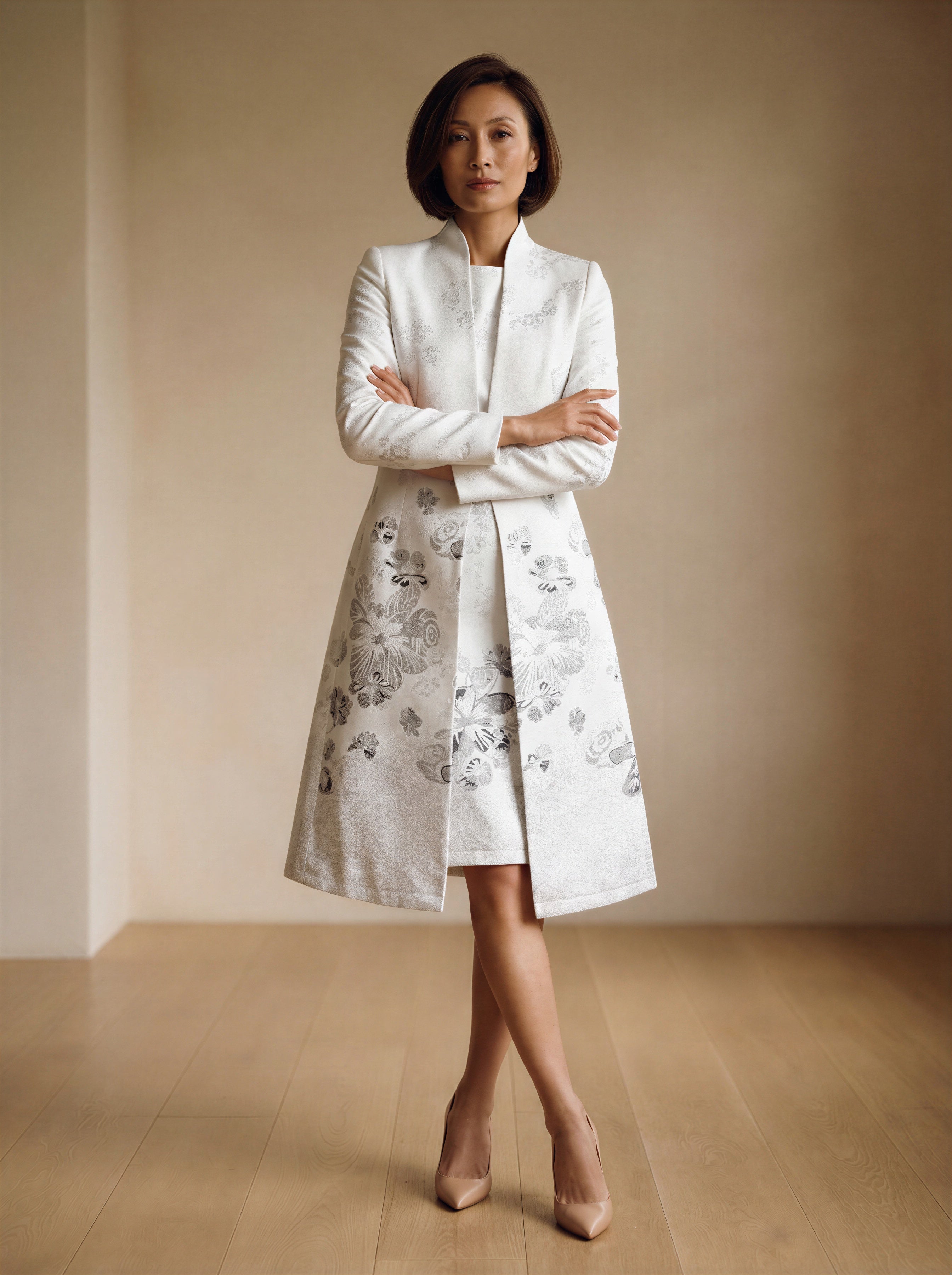 The silver jacquard mum dress and long coat suit