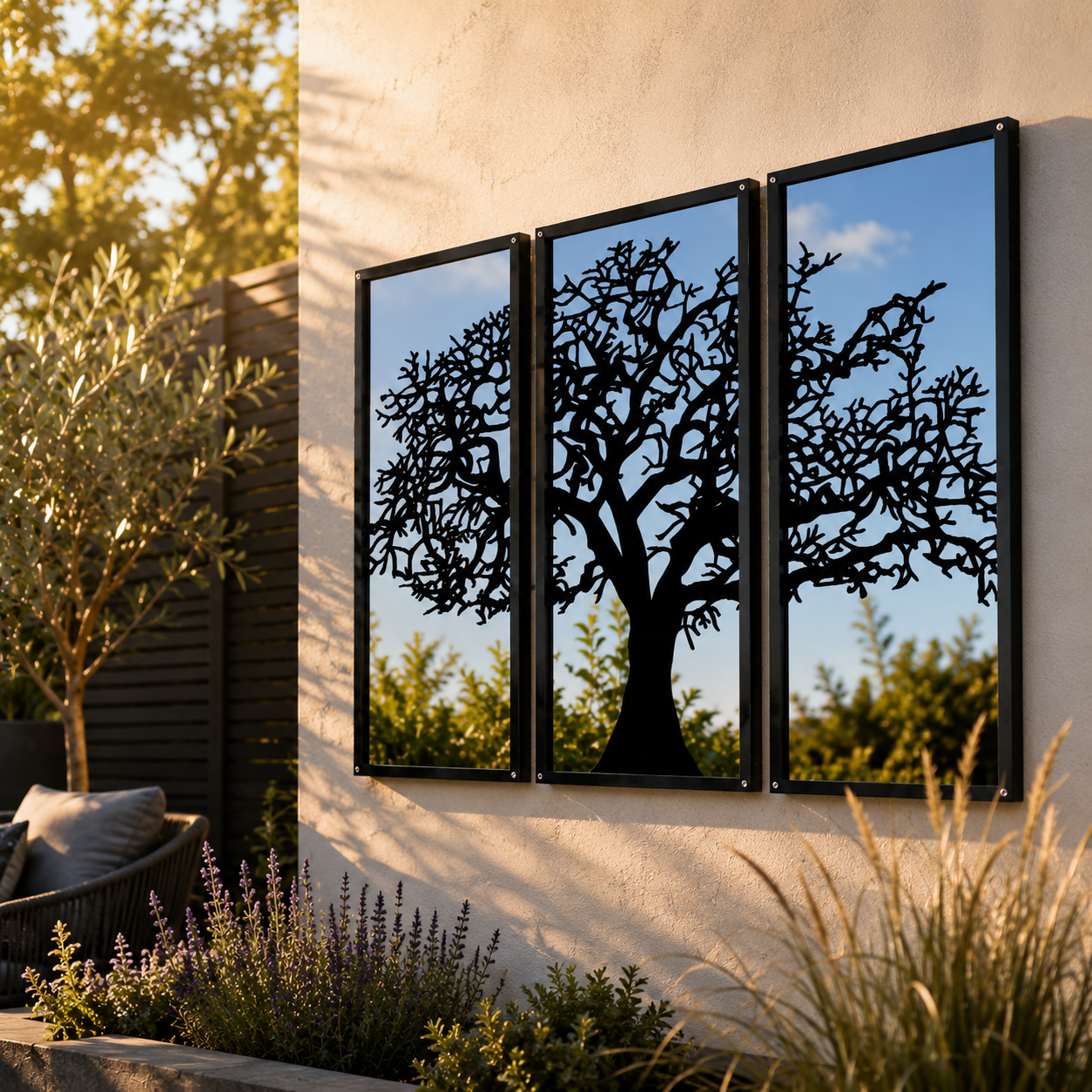 Three Panel Tree Garden Mirror – Outdoor Acrylic Wall Art