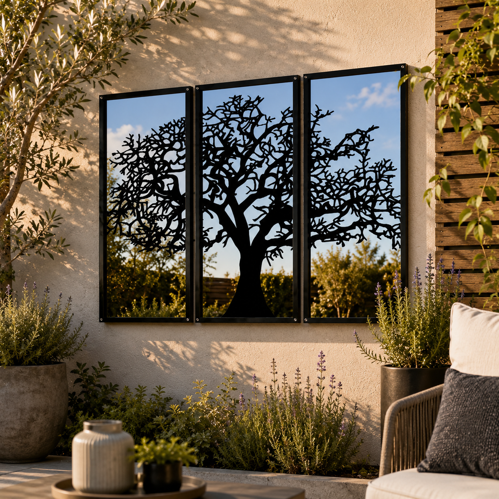 Three Panel Tree Garden Mirror – Outdoor Acrylic Wall Art