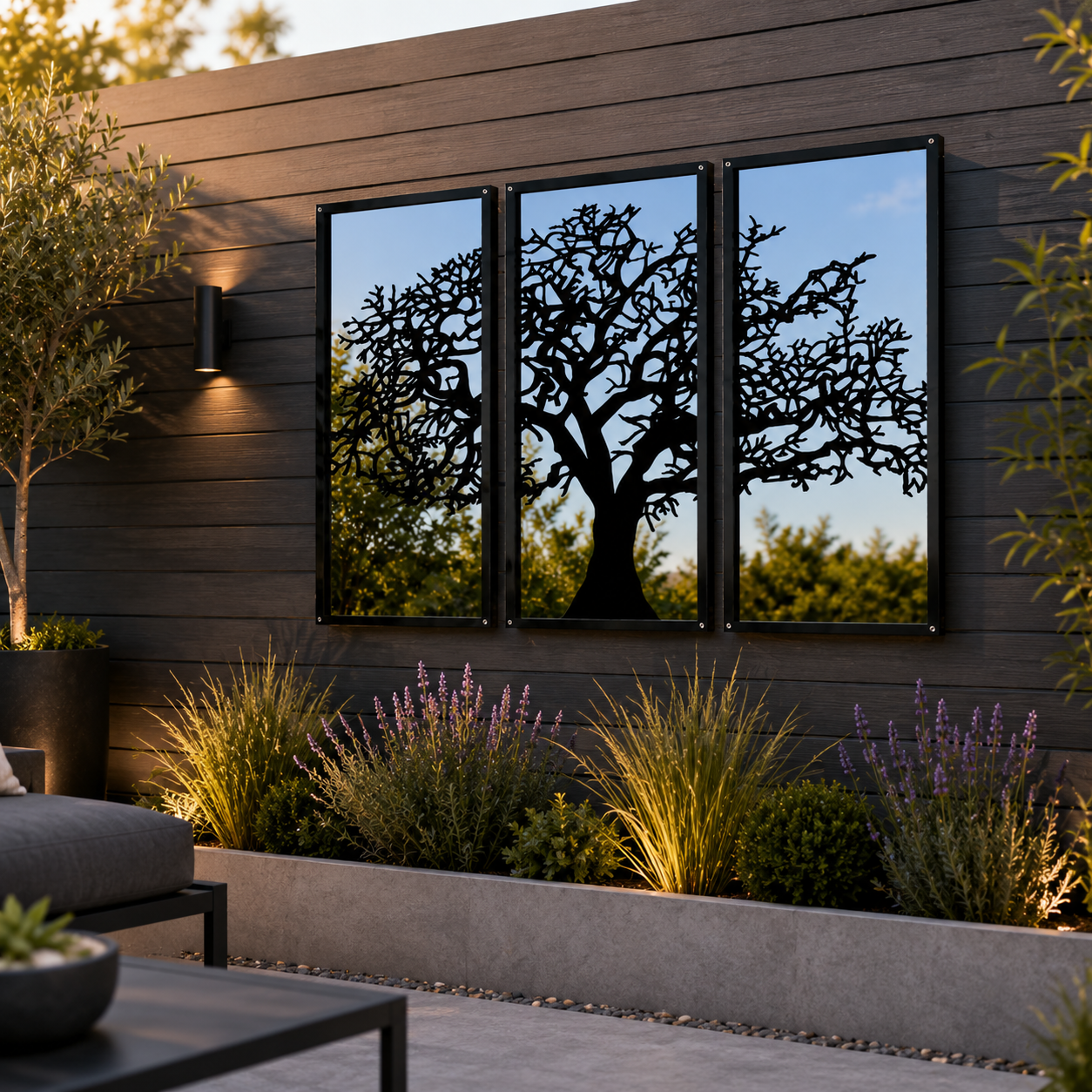 Three Panel Tree Garden Mirror – Outdoor Acrylic Wall Art