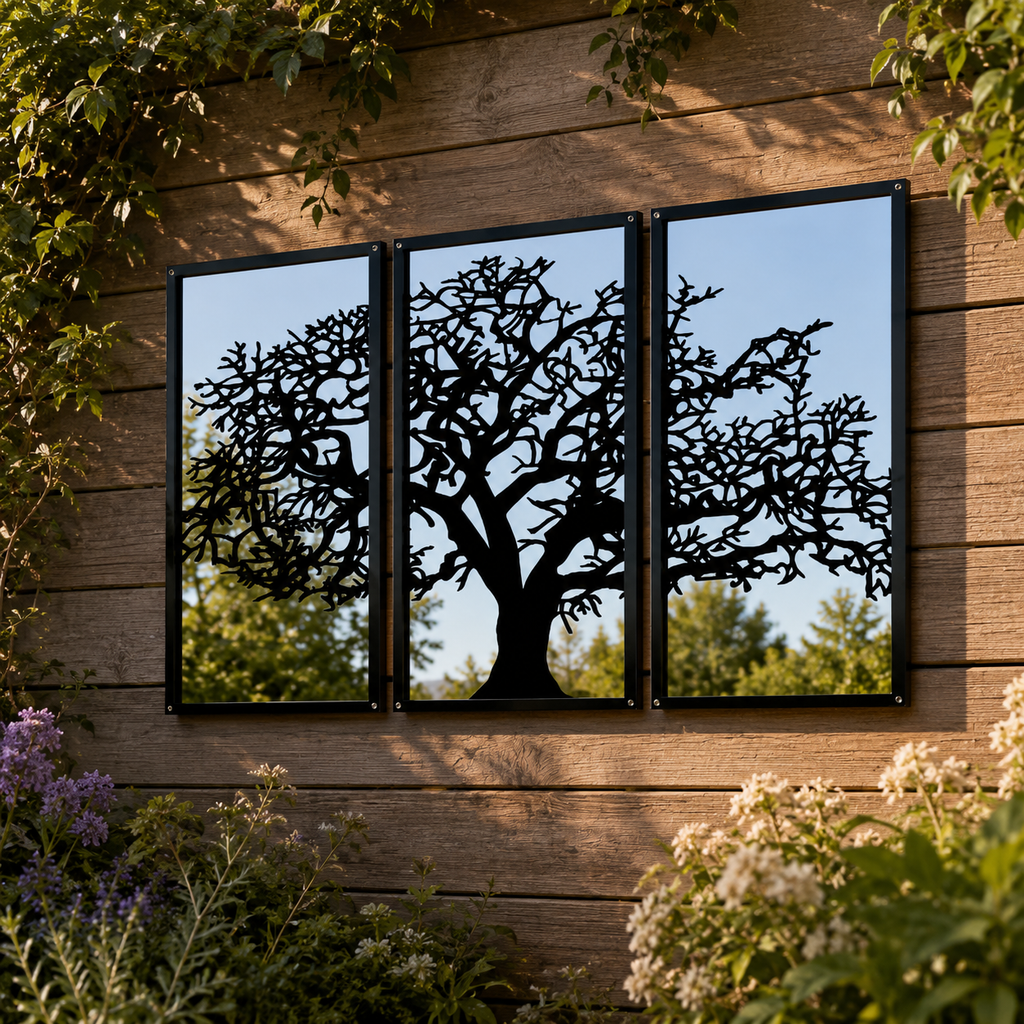 Three Panel Tree Garden Mirror – Outdoor Acrylic Wall Art